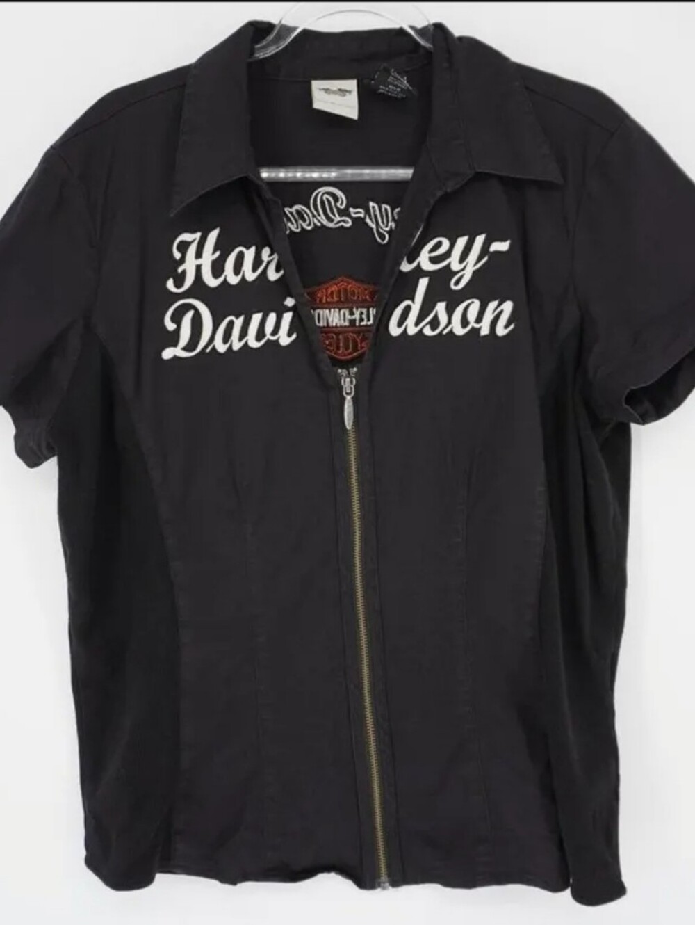 Vintage Harley Davidson Women's Short Sleeve Full Zip Shirt Black L Embroidered